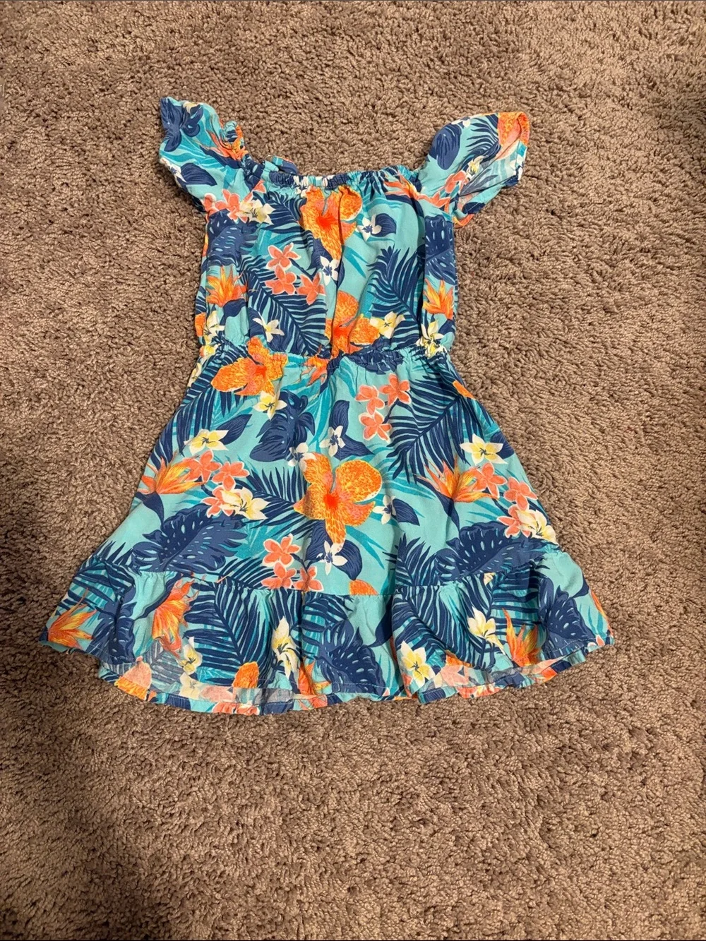 The Children's Place Tropical Floral Off-Shoulder Dress - Teal, Navy & Orange